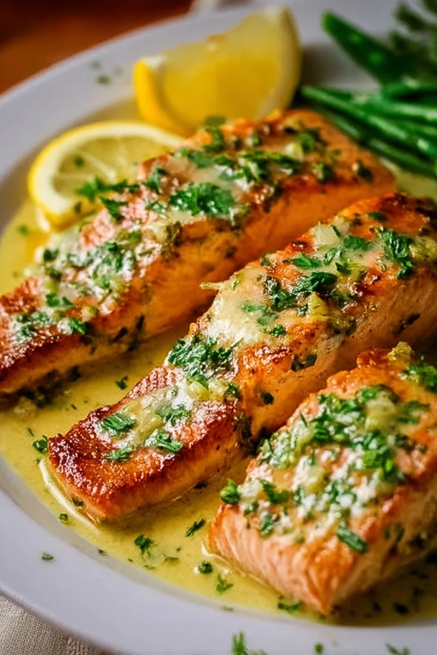 Salmon fillet topped with garlic lemon butter sauce on a plate