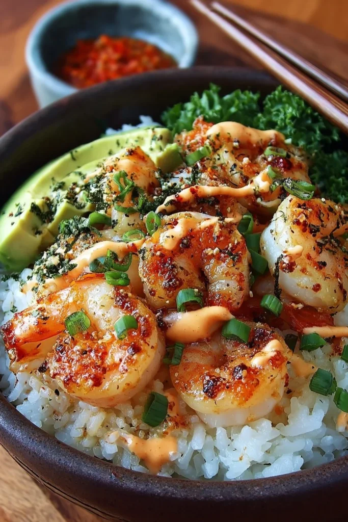 Shrimp rice bowls garnished with spicy mayo and vibrant vegetables