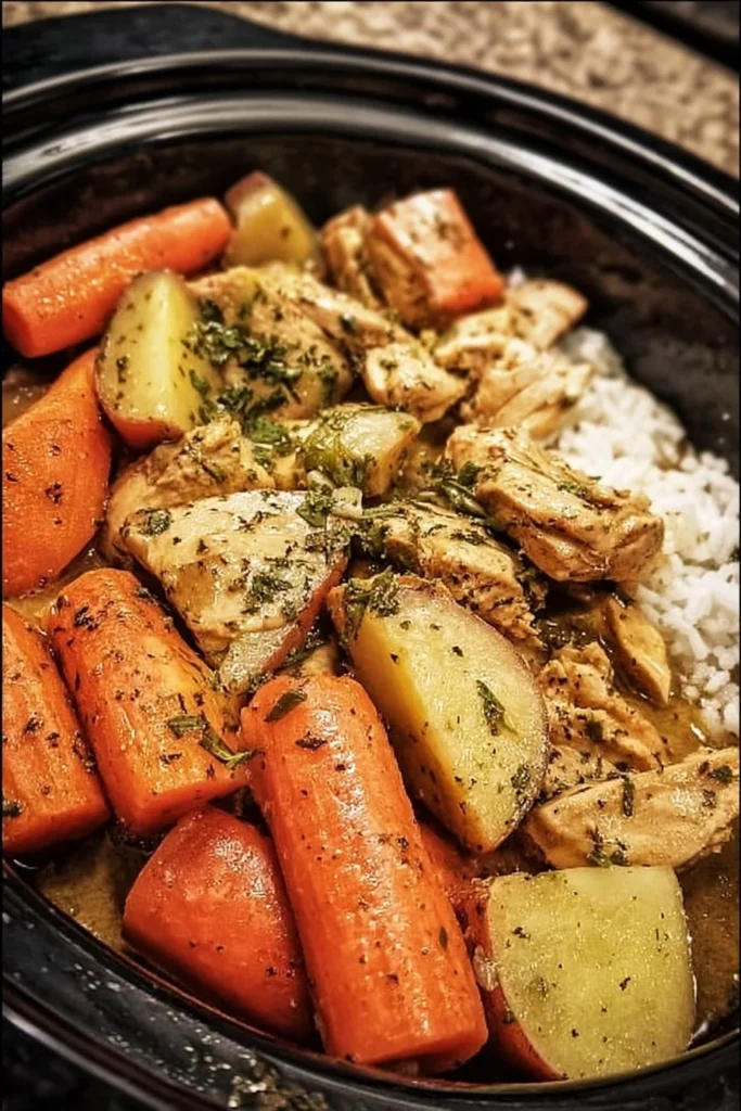 Slow cooker garlic butter chicken with colorful veggies