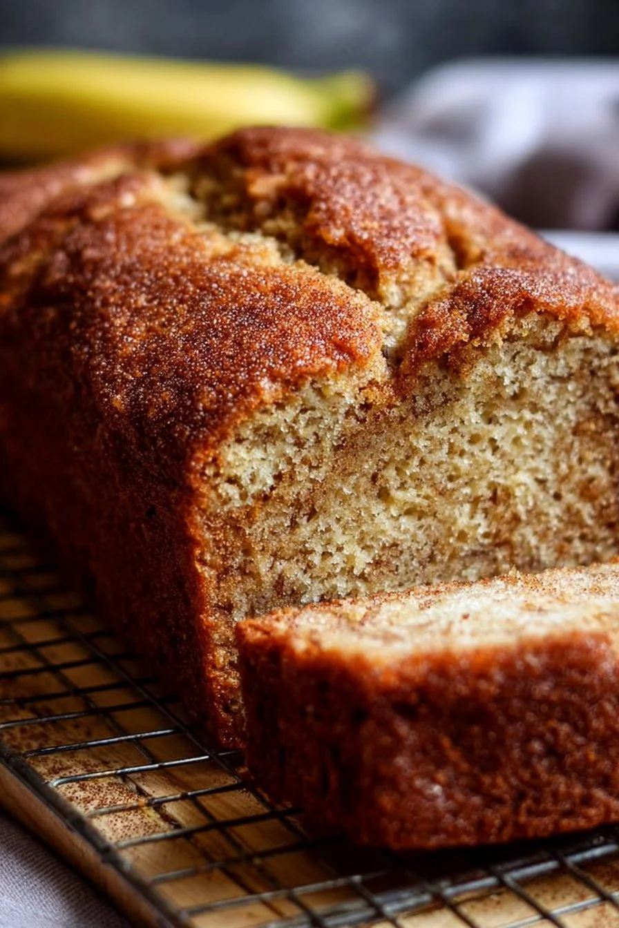 Snickerdoodle Banana Loaf 2 Freshly baked snickerdoodle banana loaf on a wooden plate