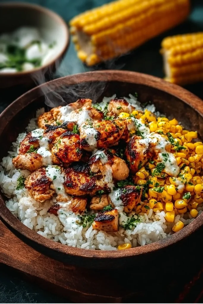 Delicious street corn chicken rice bowl topped with fresh ingredients and spices