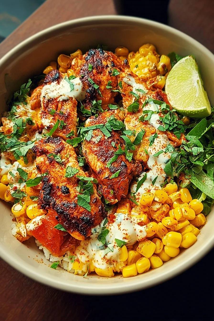 Tasty Street Corn Chicken Bowl 2 Delicious street corn chicken bowl topped with fresh ingredients and spices