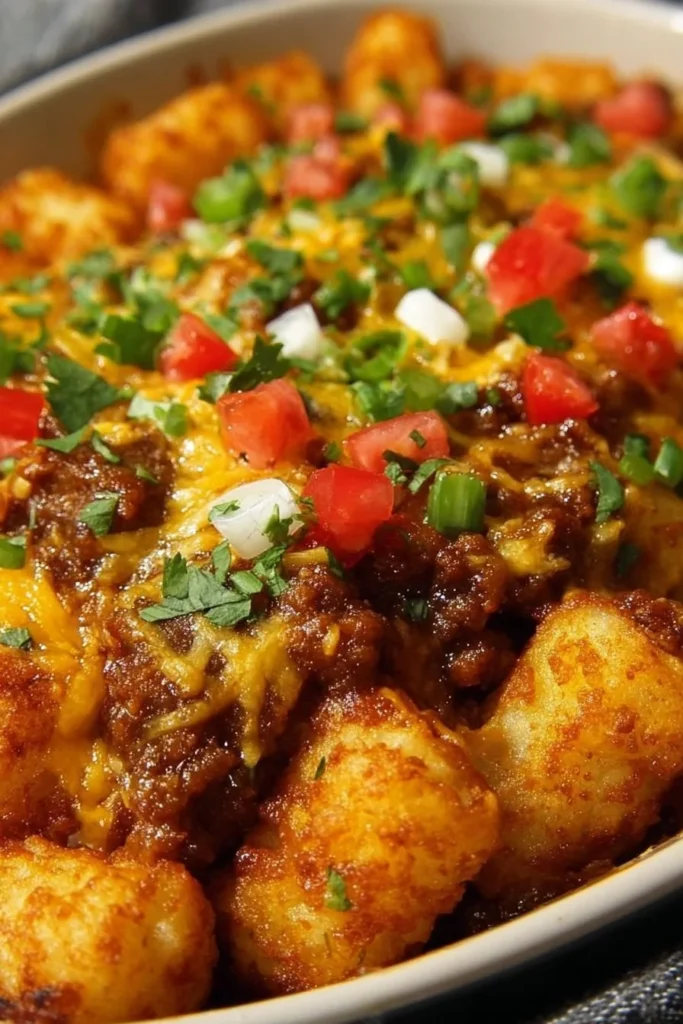 Delicious Tater Tot Taco Casserole served in a baking dish