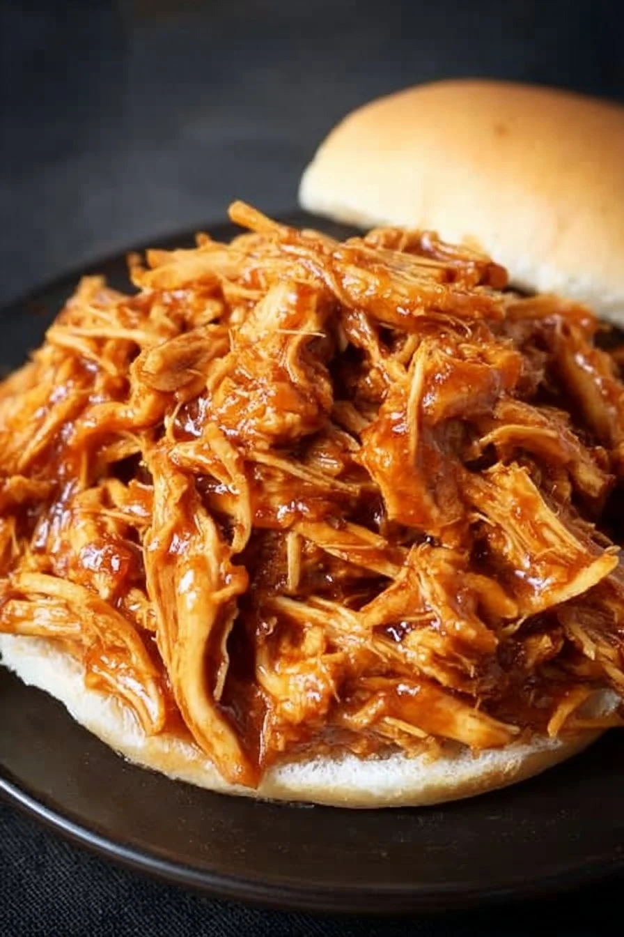 The Best Crockpot BBQ Chicken (Easy Pulled Chicken) 2 Crockpot BBQ Chicken served in a bowl with barbecue sauce and fresh herbs