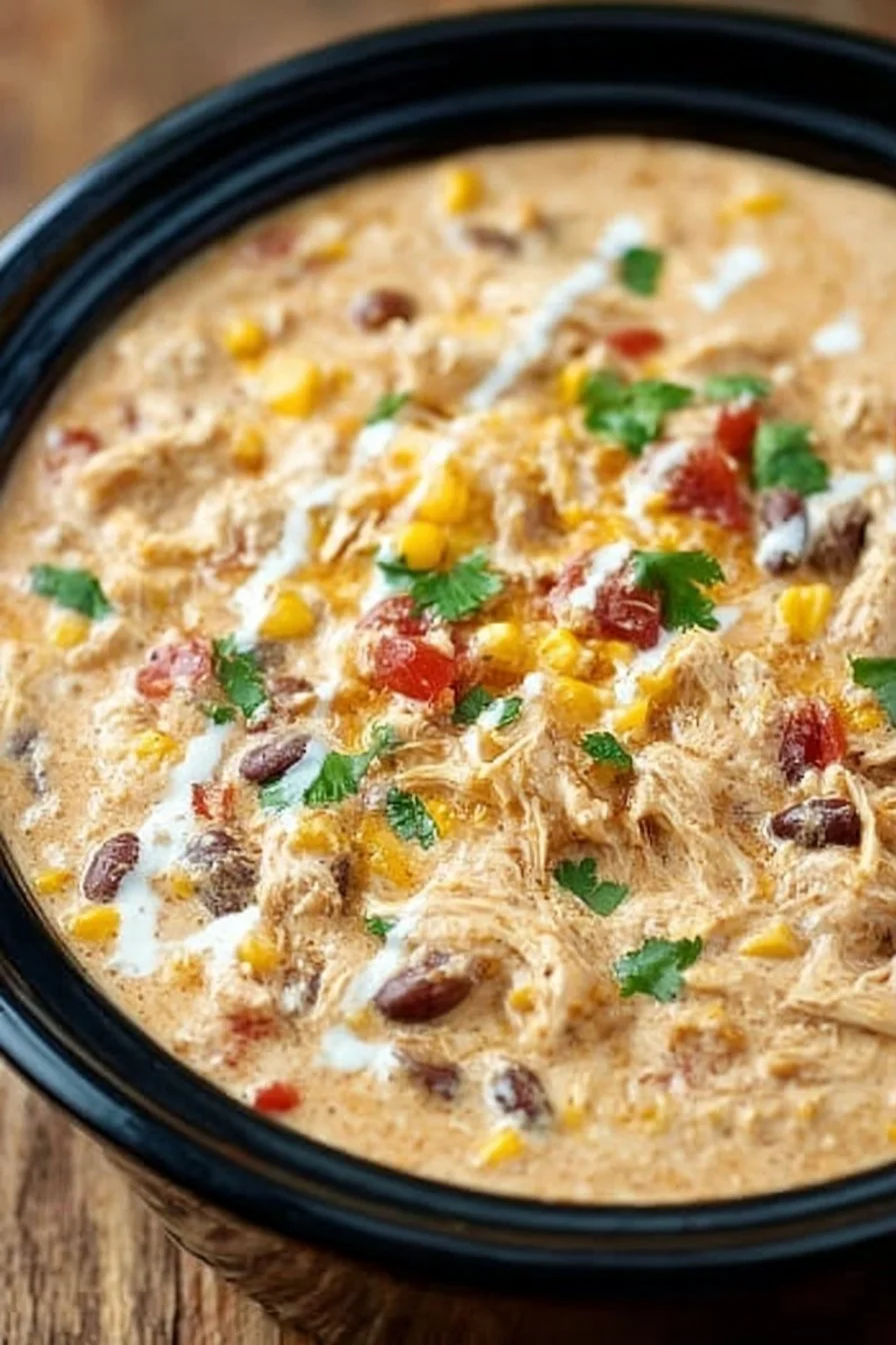 Bowl of creamy chicken chili made in a crock pot with cream cheese