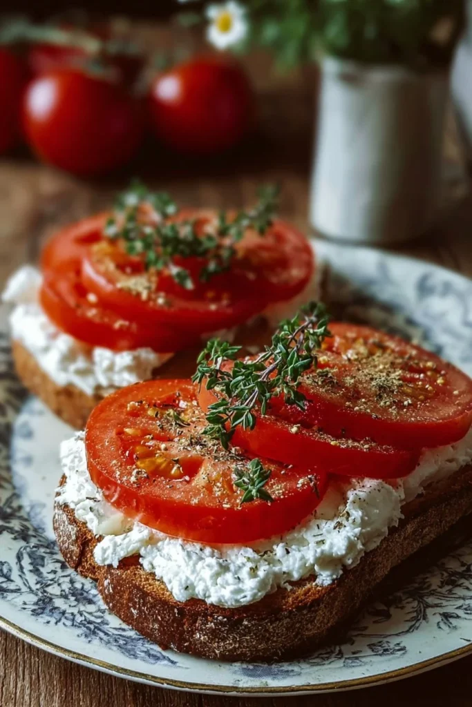Delicious Tomato Toast topped with cottage cheese on a rustic bread slice