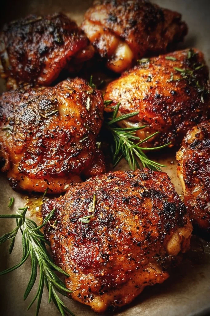 Delicious baked chicken thighs served with herbs and spices
