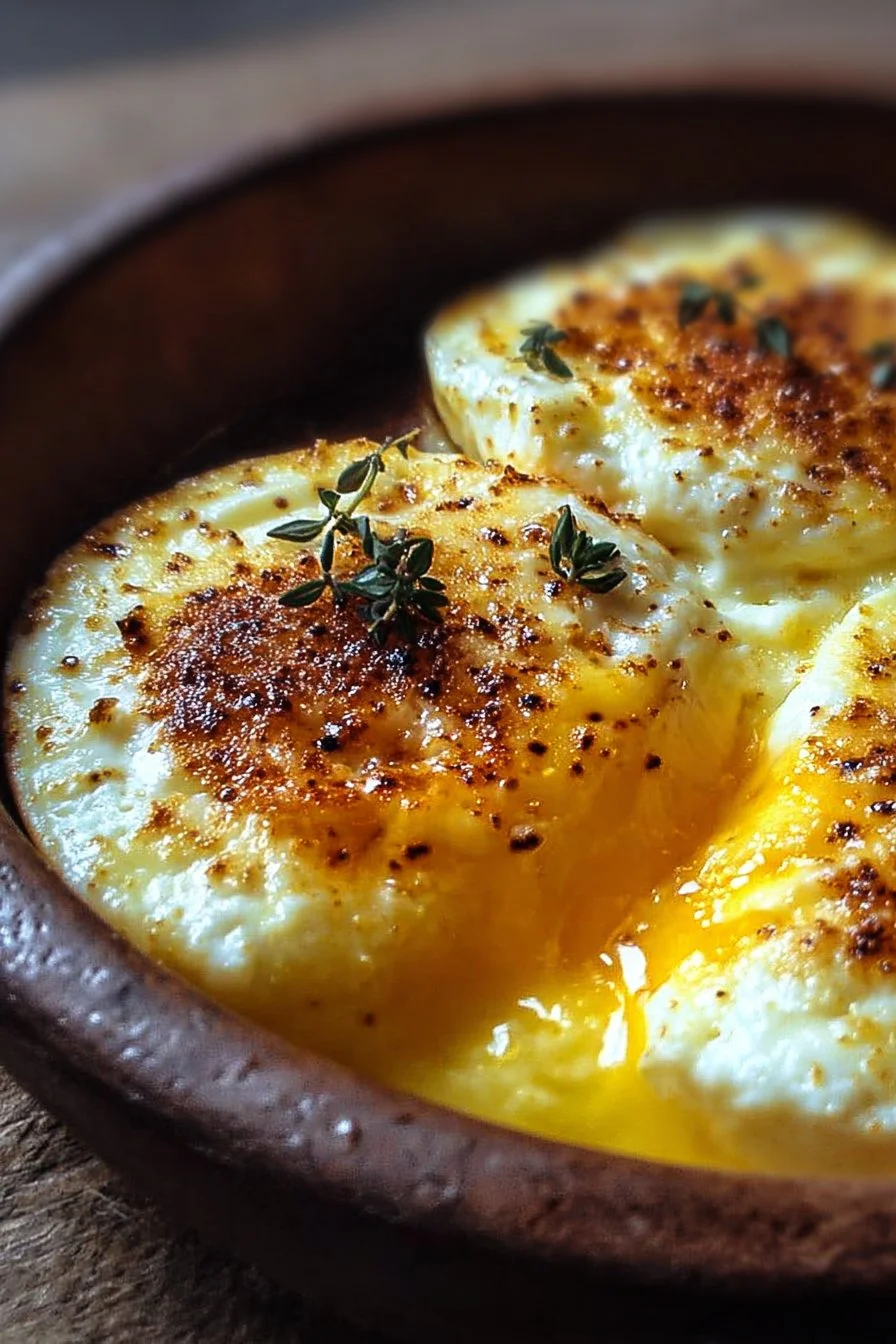 Baked cottage cheese eggs served in a dish, garnished with herbs.