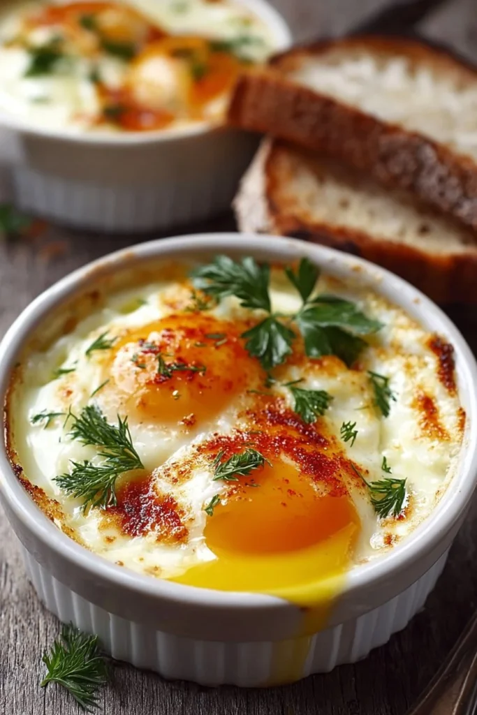 Baked cottage cheese eggs topped with herbs and spices in a colorful dish.