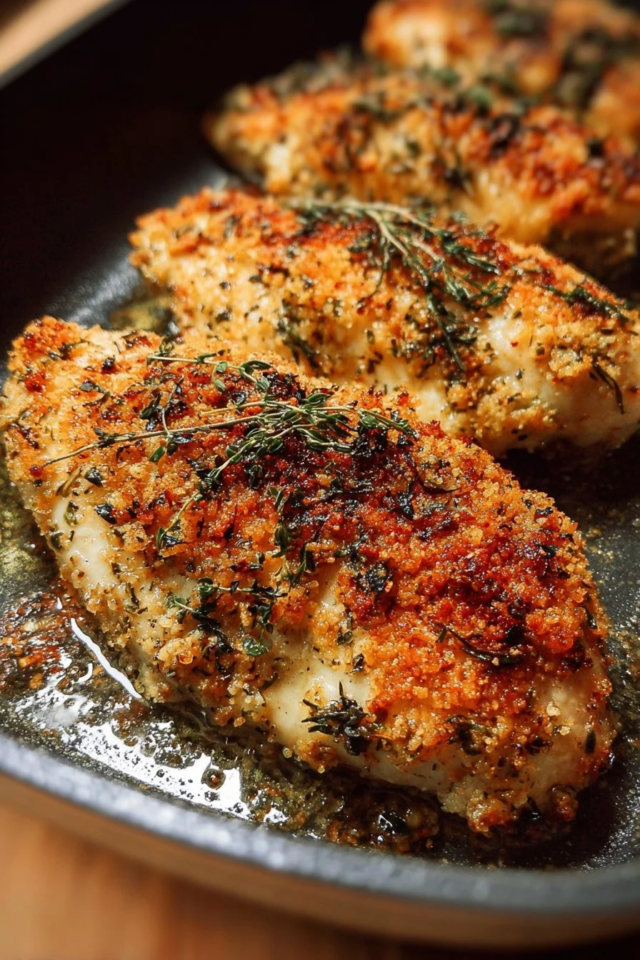Baked Garlic Parmesan Chicken 2 Plate of Baked Garlic Parmesan Chicken garnished with herbs