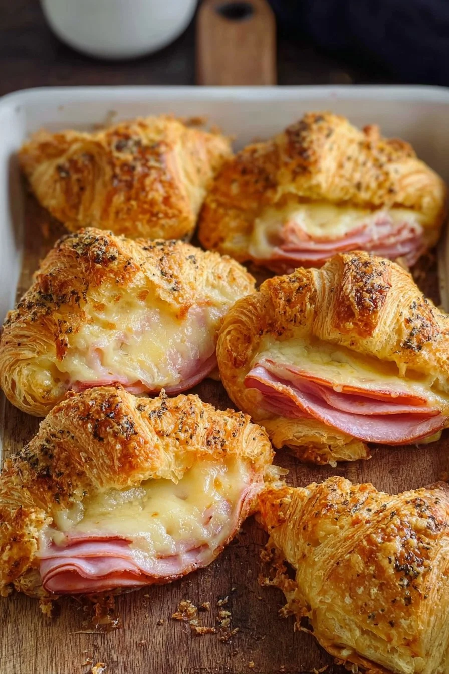 Baked Ham and Cheese Croissants 2 Baked ham and cheese croissants on a wooden serving board