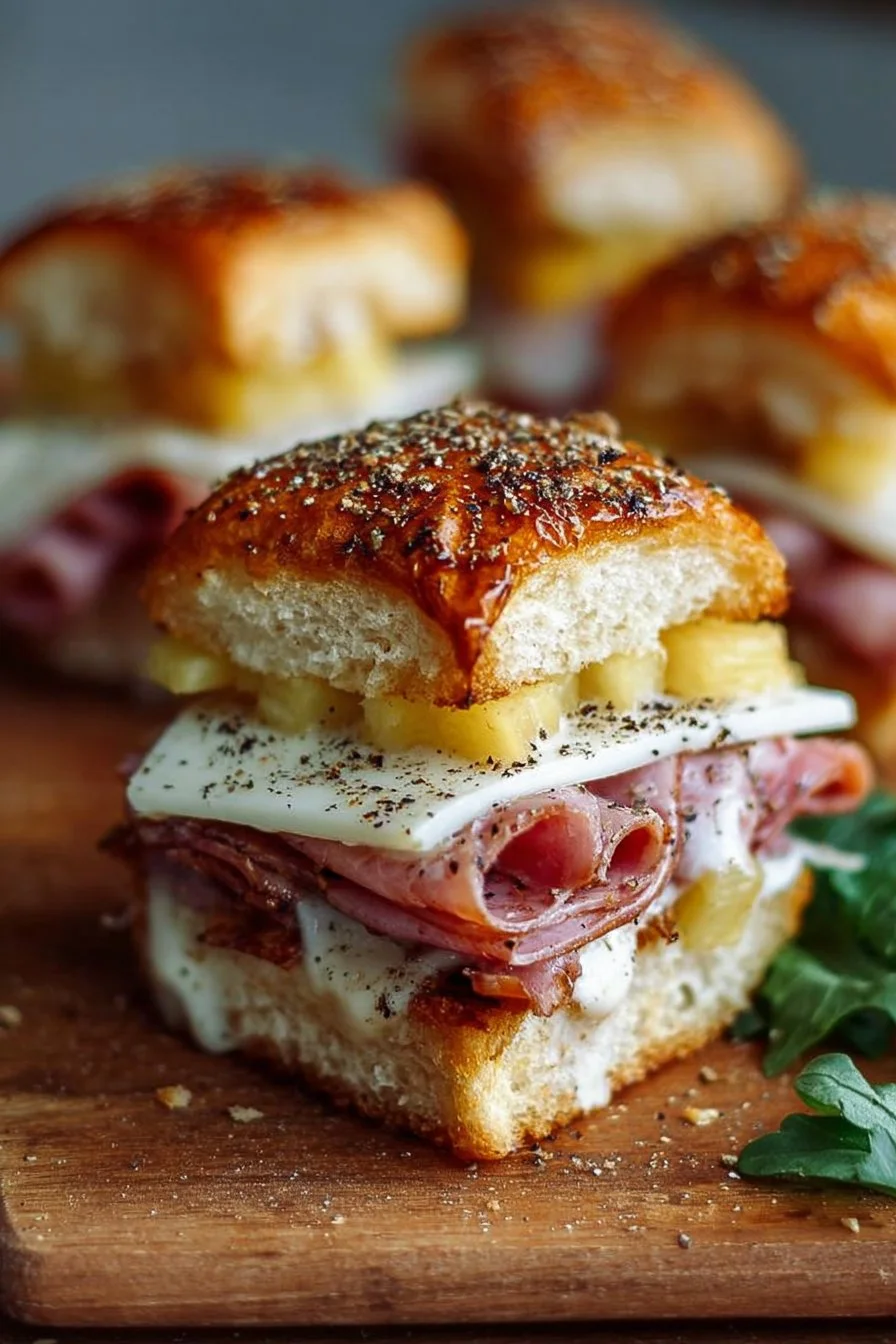 Delicious baked Hawaiian sandwiches served on a wooden platter