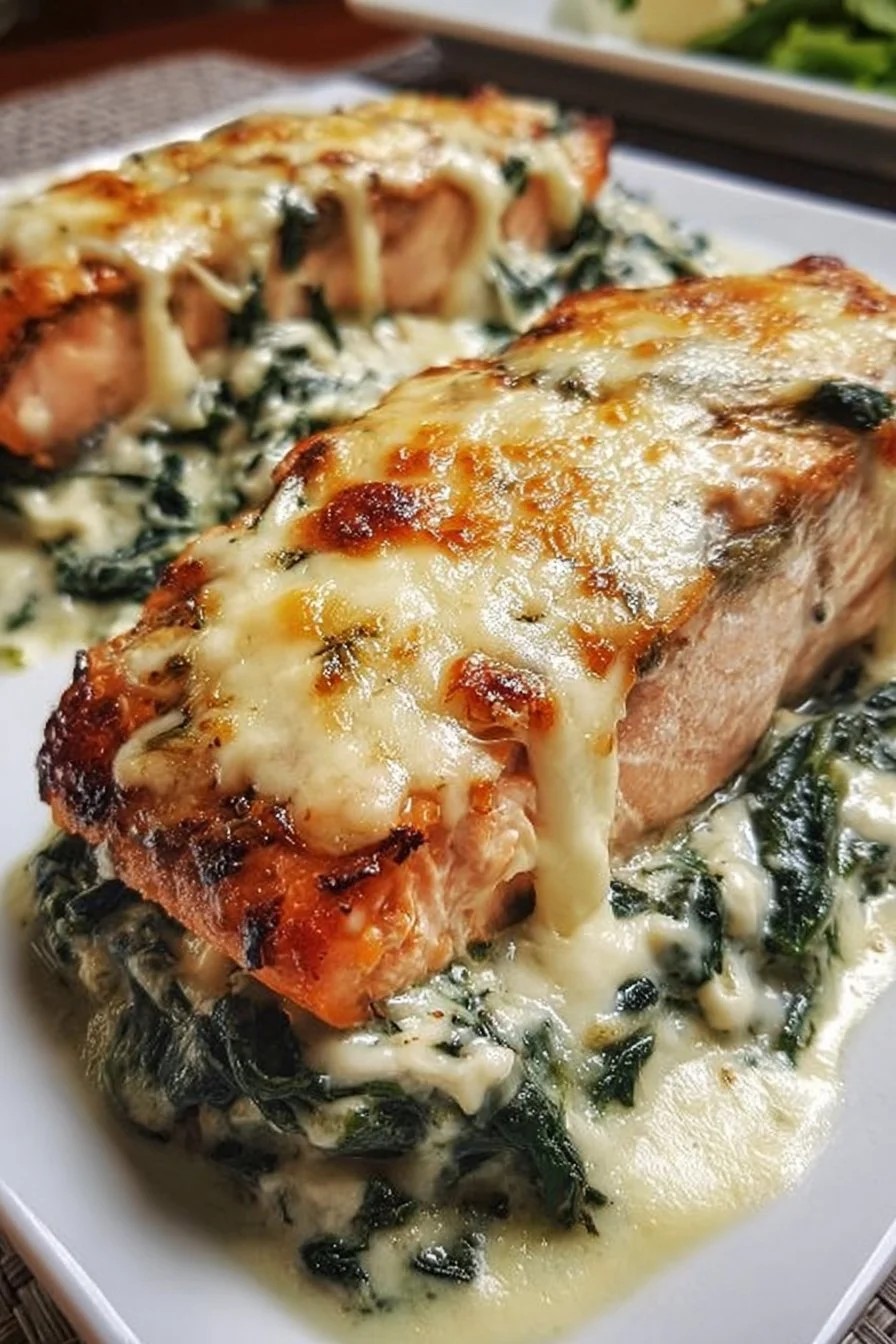 Baked salmon with creamy spinach and mozzarella on a plate