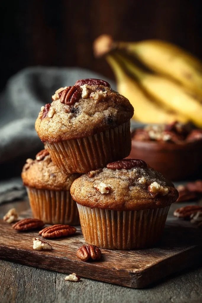 Freshly baked Banana Pecan Muffins with nuts and banana slices.