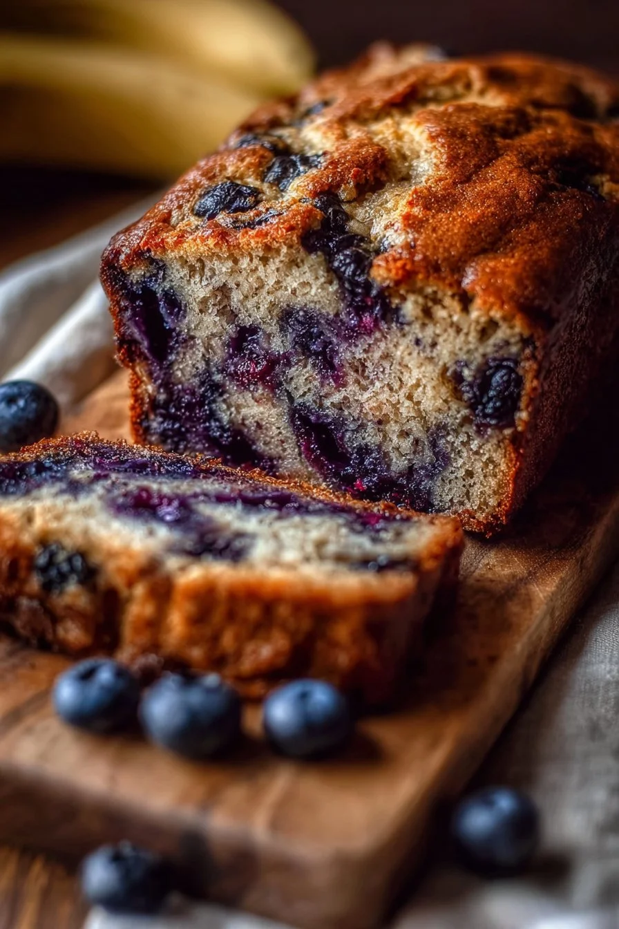 Blueberry Banana Bread 2 A loaf of freshly baked blueberry banana bread on a wooden cutting board.