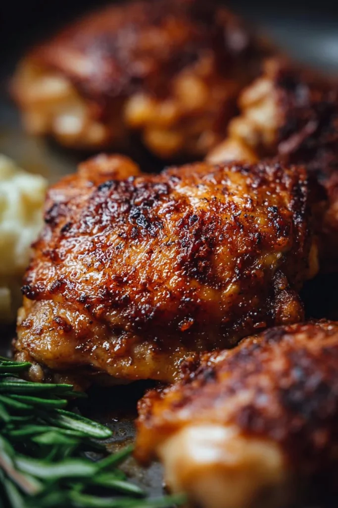 Plate of crispy oven-baked chicken thighs with herbs and spices.