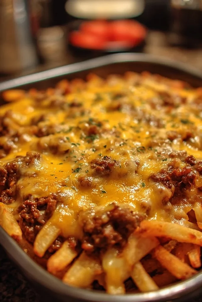Cheeseburger Casserole topped with golden French fries