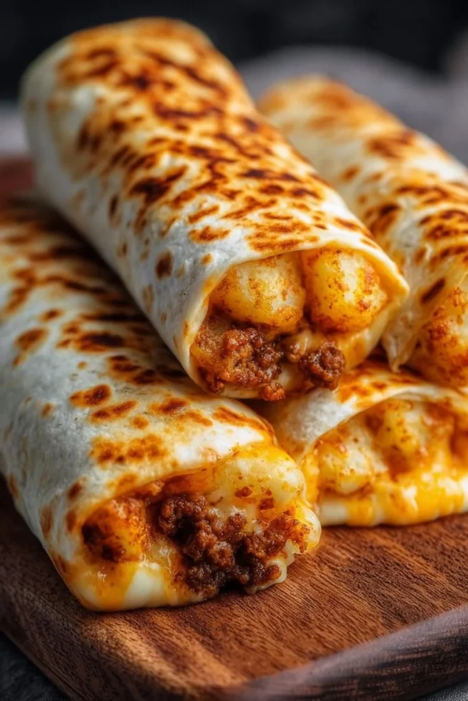 Delicious cheesy potato burritos wrapped in flour tortillas