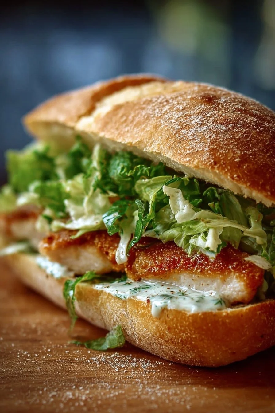 Chicken Caesar Sandwich 2 Delicious Chicken Caesar sandwich with grilled chicken, romaine, and Caesar dressing.