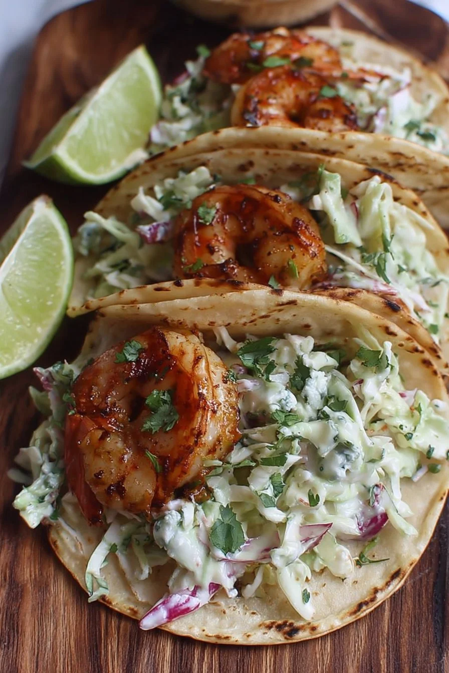 Cilantro lime shrimp tacos with creamy slaw served on a rustic plate