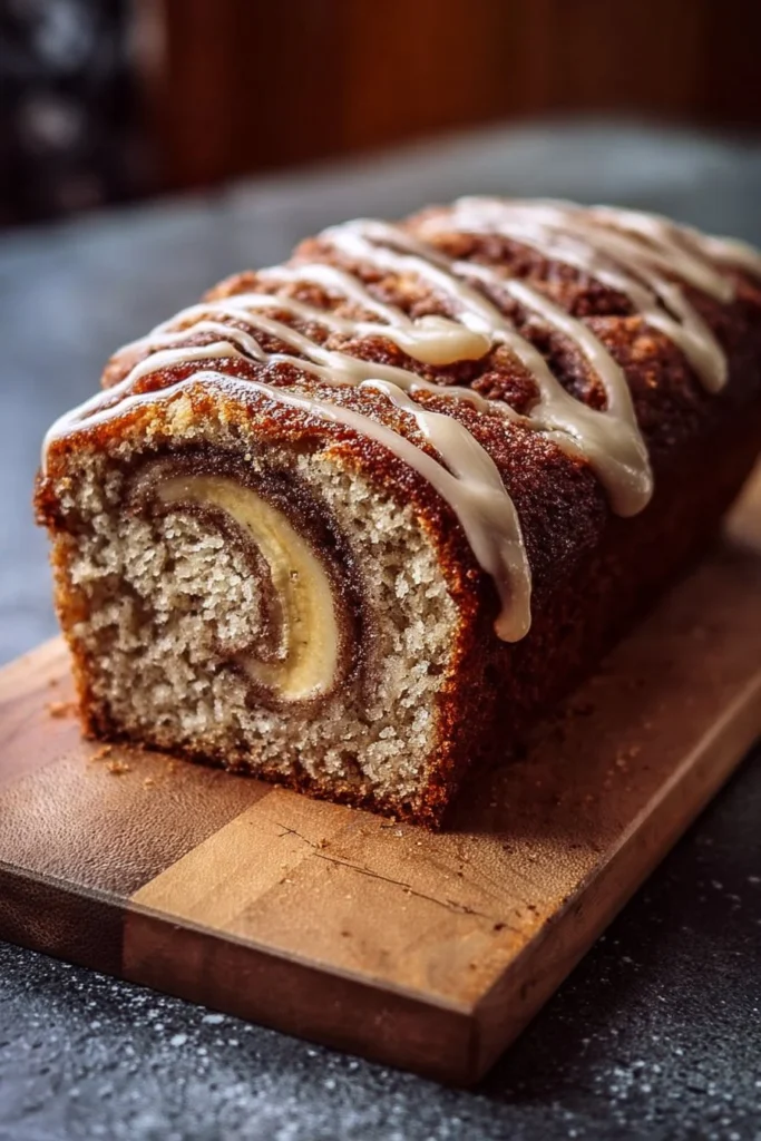 Delicious Cinnamon Roll Banana Bread freshly baked and served on a plate