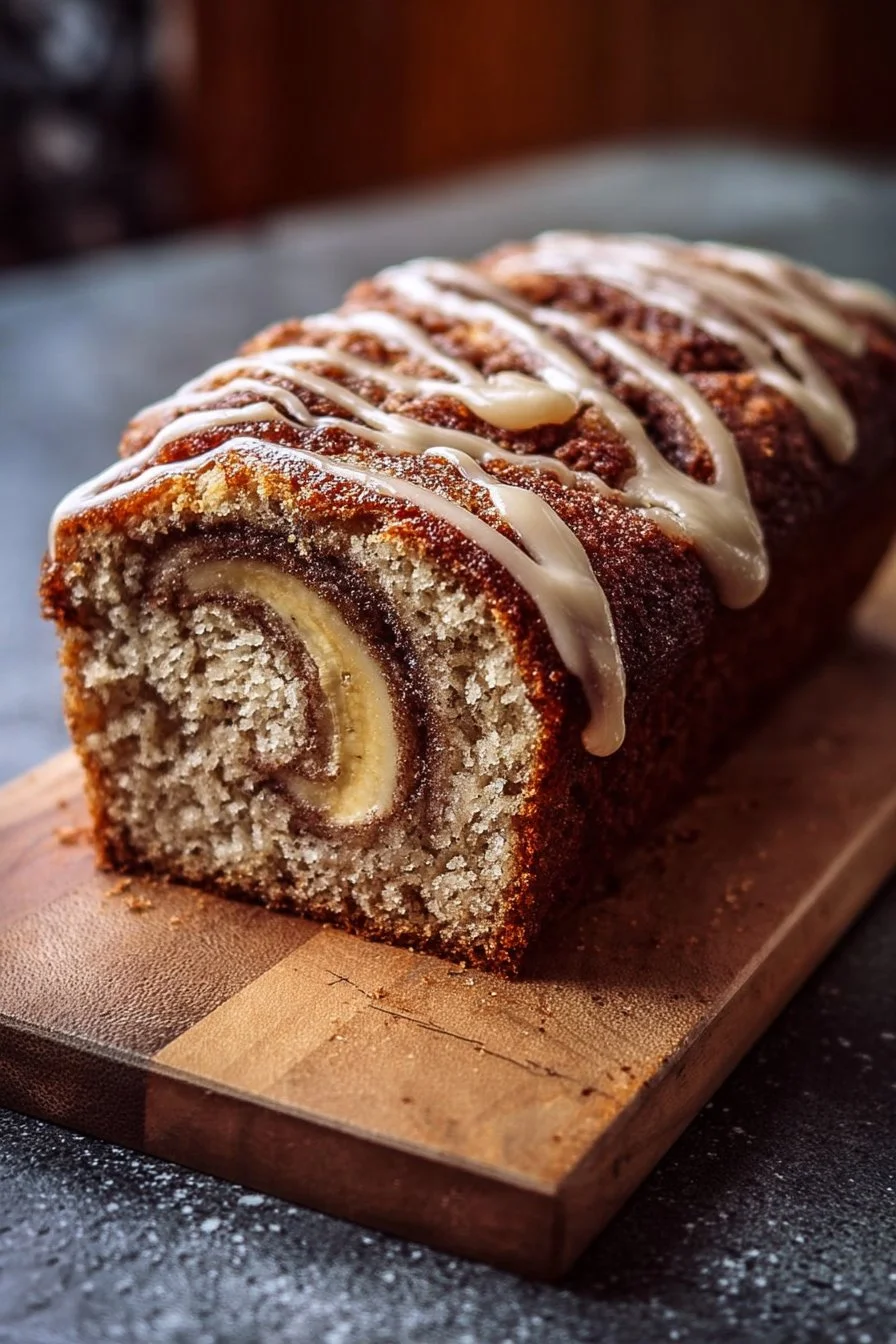 Delicious Cinnamon Roll Banana Bread freshly baked and served on a plate
