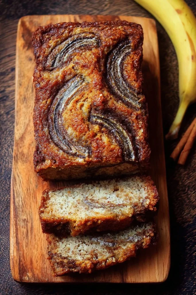 Cinnamon Swirl Banana Bread freshly baked and served on a wooden table