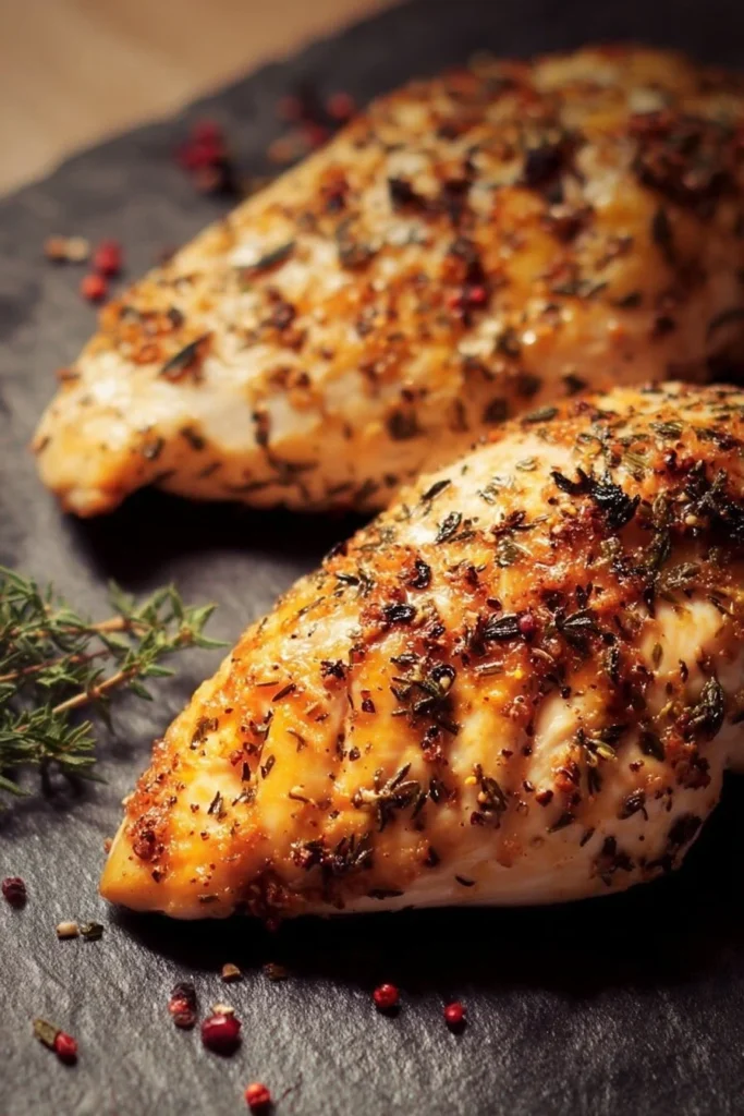 Juicy classic oven-baked chicken breast on a plate with herbs.