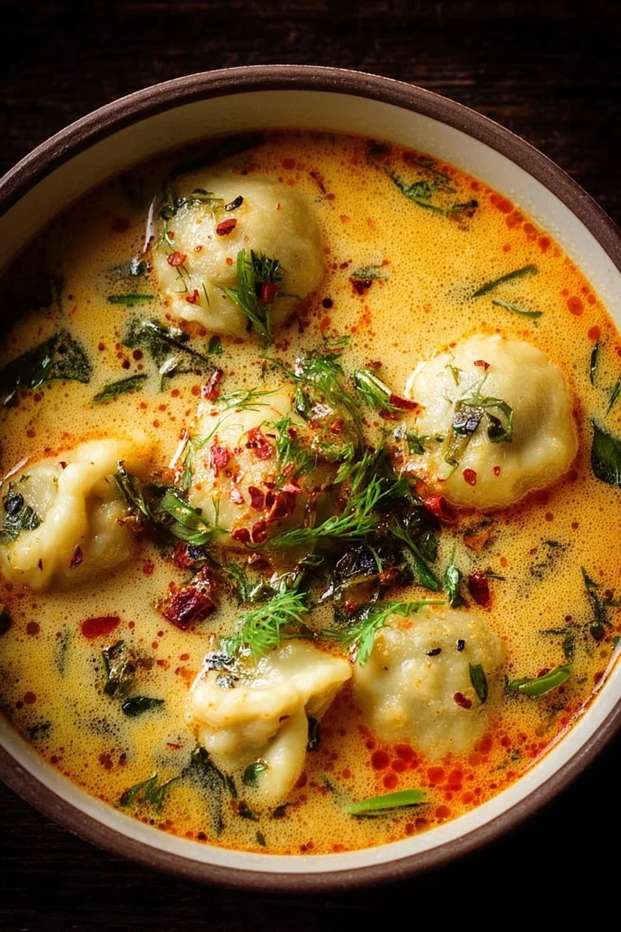 Coconut Curry Soup with Dumplings 2 Bowl of Coconut Curry Soup with Dumplings, garnished with herbs and spices.
