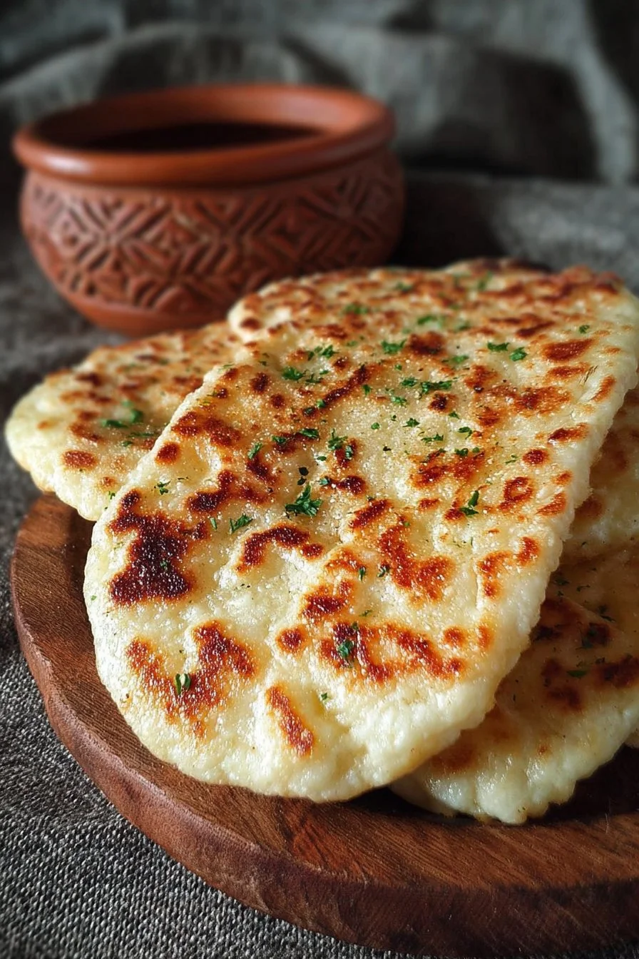 Homemade cottage cheese flatbread topped with fresh herbs