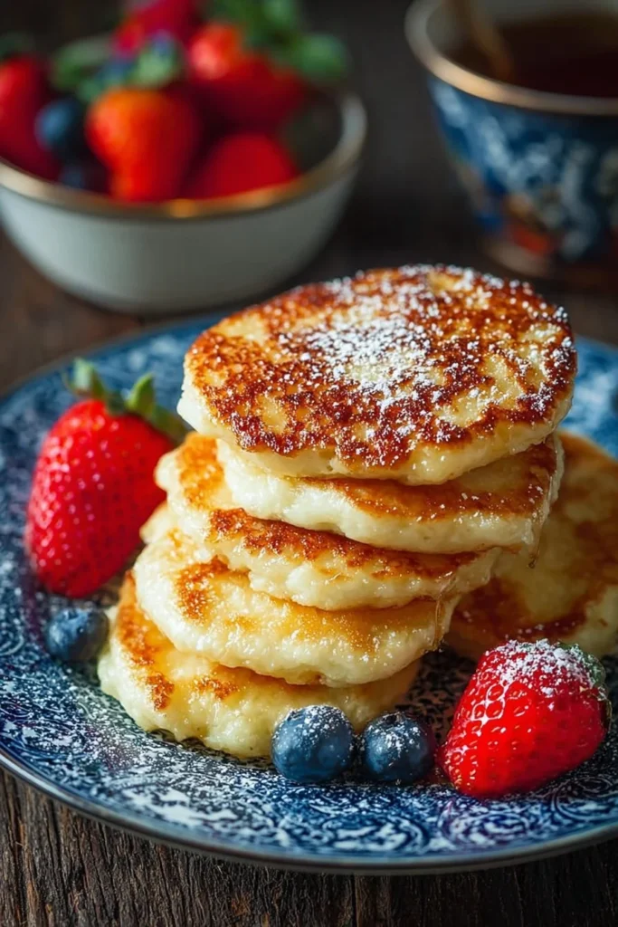 Delicious cottage cheese pancakes topped with fresh fruit and syrup