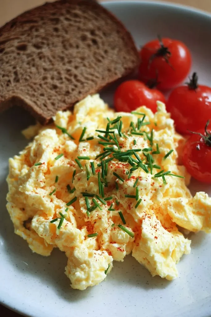Delicious cottage cheese scrambled eggs served on a plate