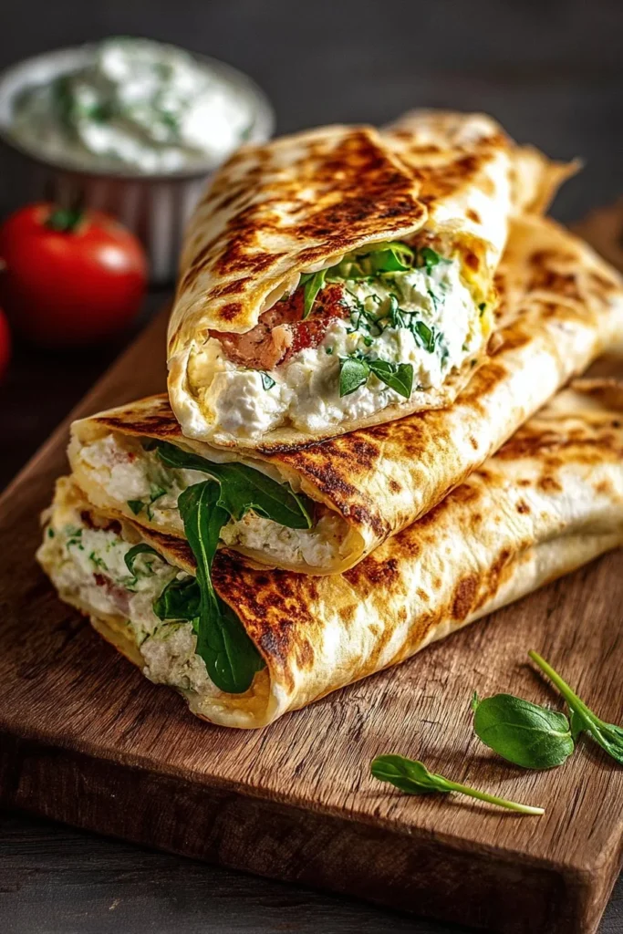 Healthy cottage cheese wraps filled with fresh vegetables and herbs