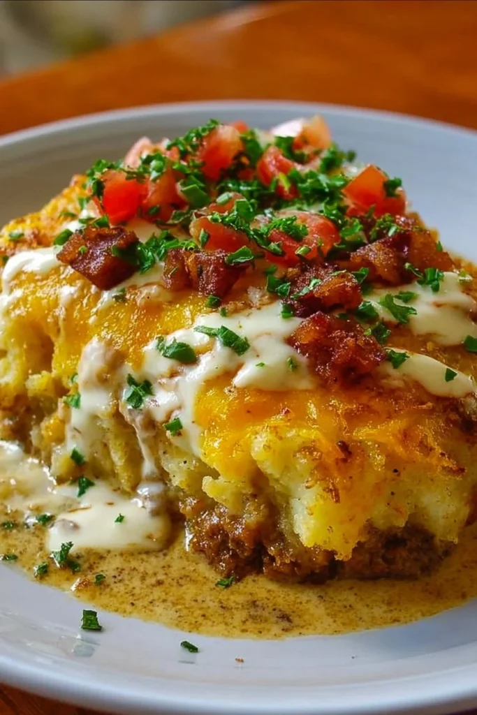 A serving of Cowboy Casserole topped with cheese and herbs