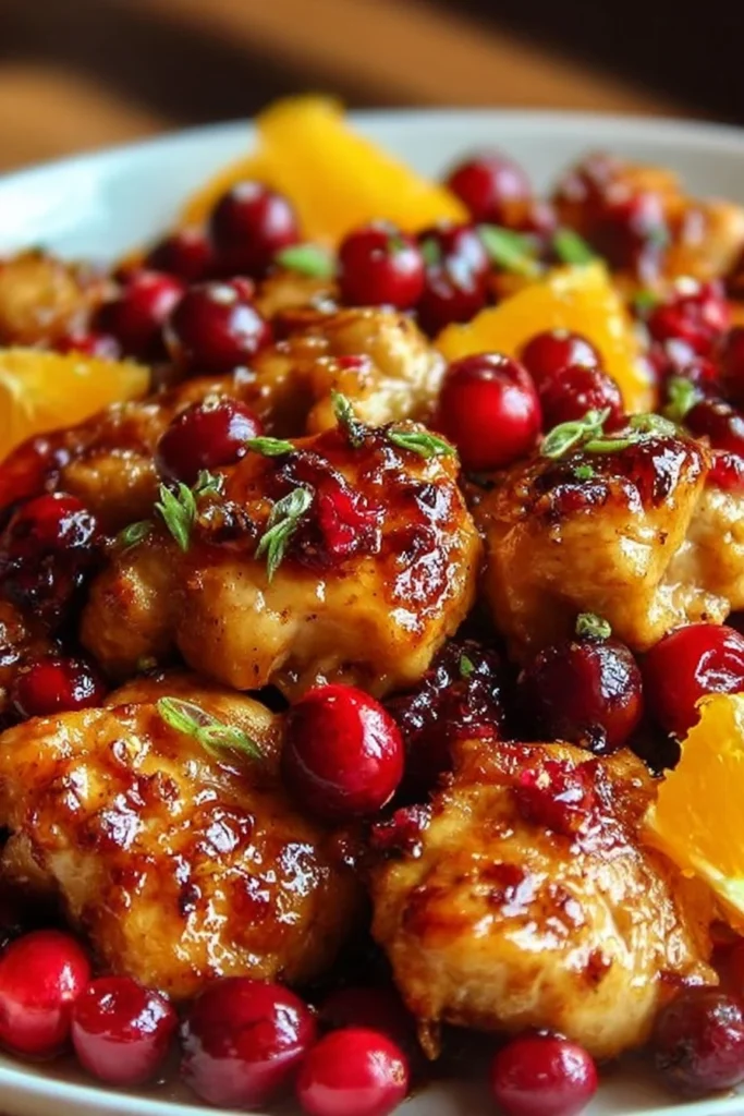 Delicious Cranberry Orange Chicken served with garnishes on a plate.