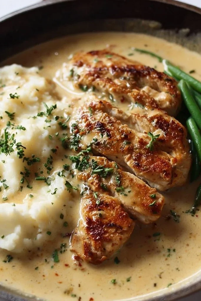 Delicious creamy garlic chicken served with herbs and spices