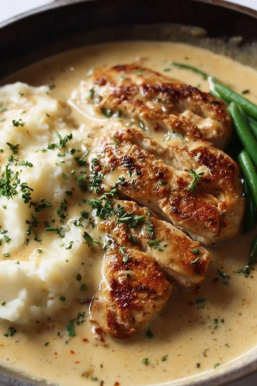 Delicious creamy garlic chicken served with herbs and spices