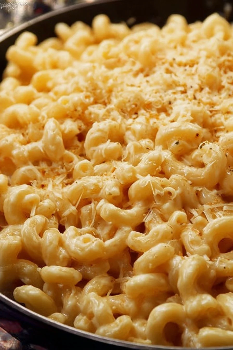 Delicious creamy mac and cheese topped with golden breadcrumbs.