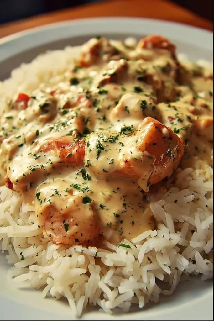 Creamy smothered chicken with rice served on a plate