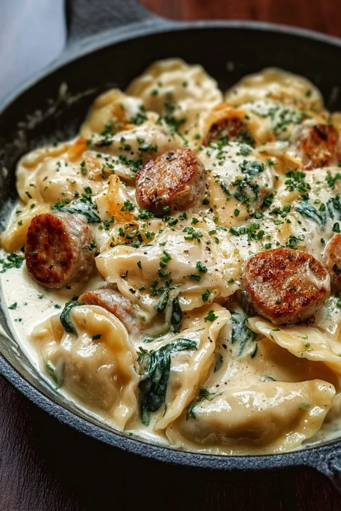 Creamy turkey sausage pierogi skillet served in a pan with herbs and spices