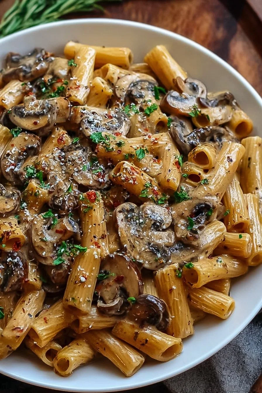 Creamy Tuscan mushroom pasta skillet garnished with herbs in a rustic pan