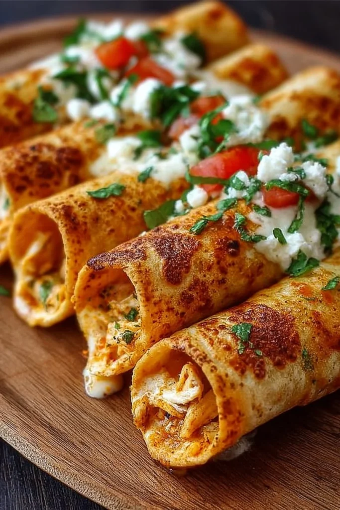 Plate of crispy chicken taquitos served with salsa and guacamole