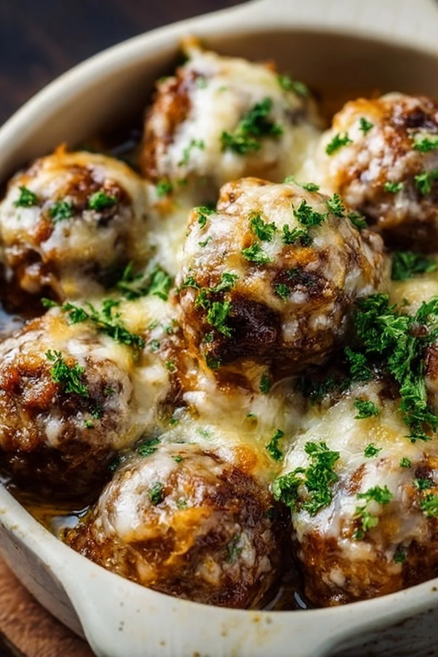Crockpot French Onion Meatballs served in a bowl with cheese topping