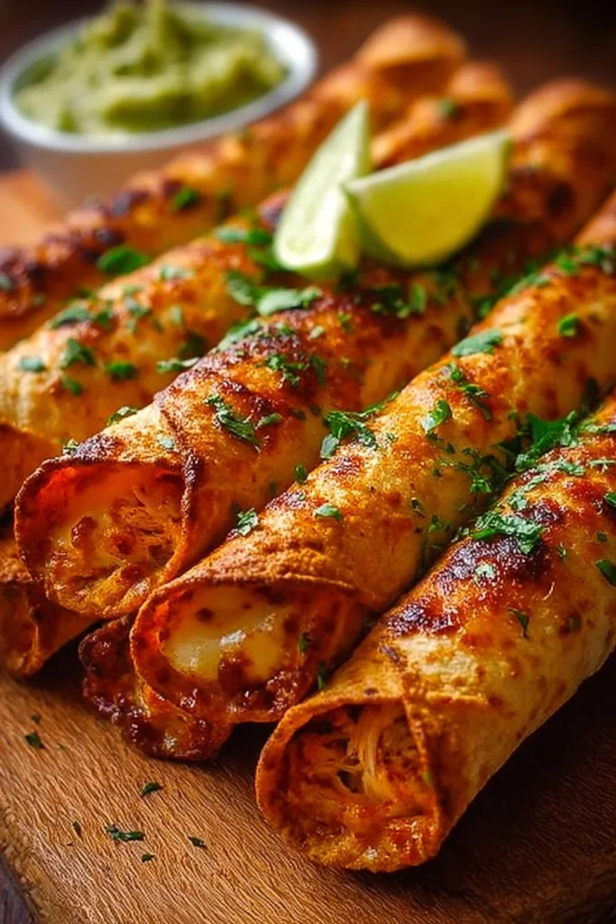 Crunchy oven-baked chicken taquitos served on a plate with salsa.