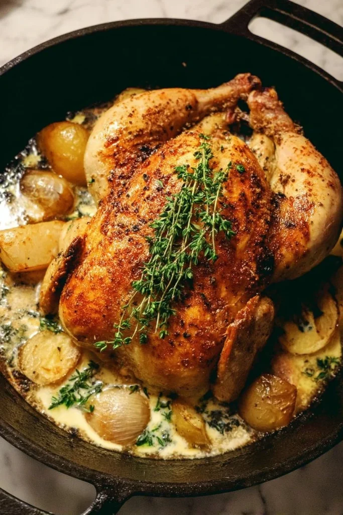 Golden brown Dutch Oven Roast Chicken with herbs and spices