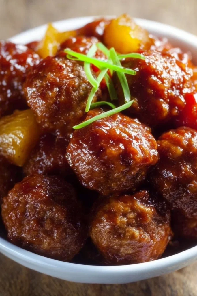 Easy Crockpot Pineapple BBQ Meatballs served in a slow cooker