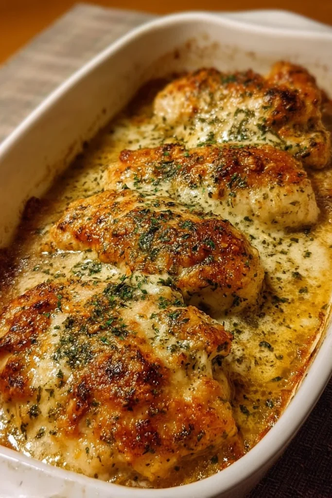 Baked garlic parmesan chicken served on a plate with herbs