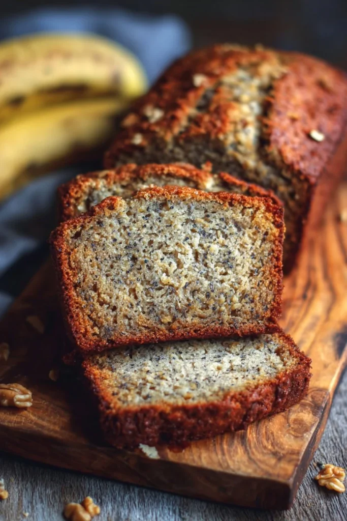 Sliced easy gluten free banana bread on a wooden cutting board