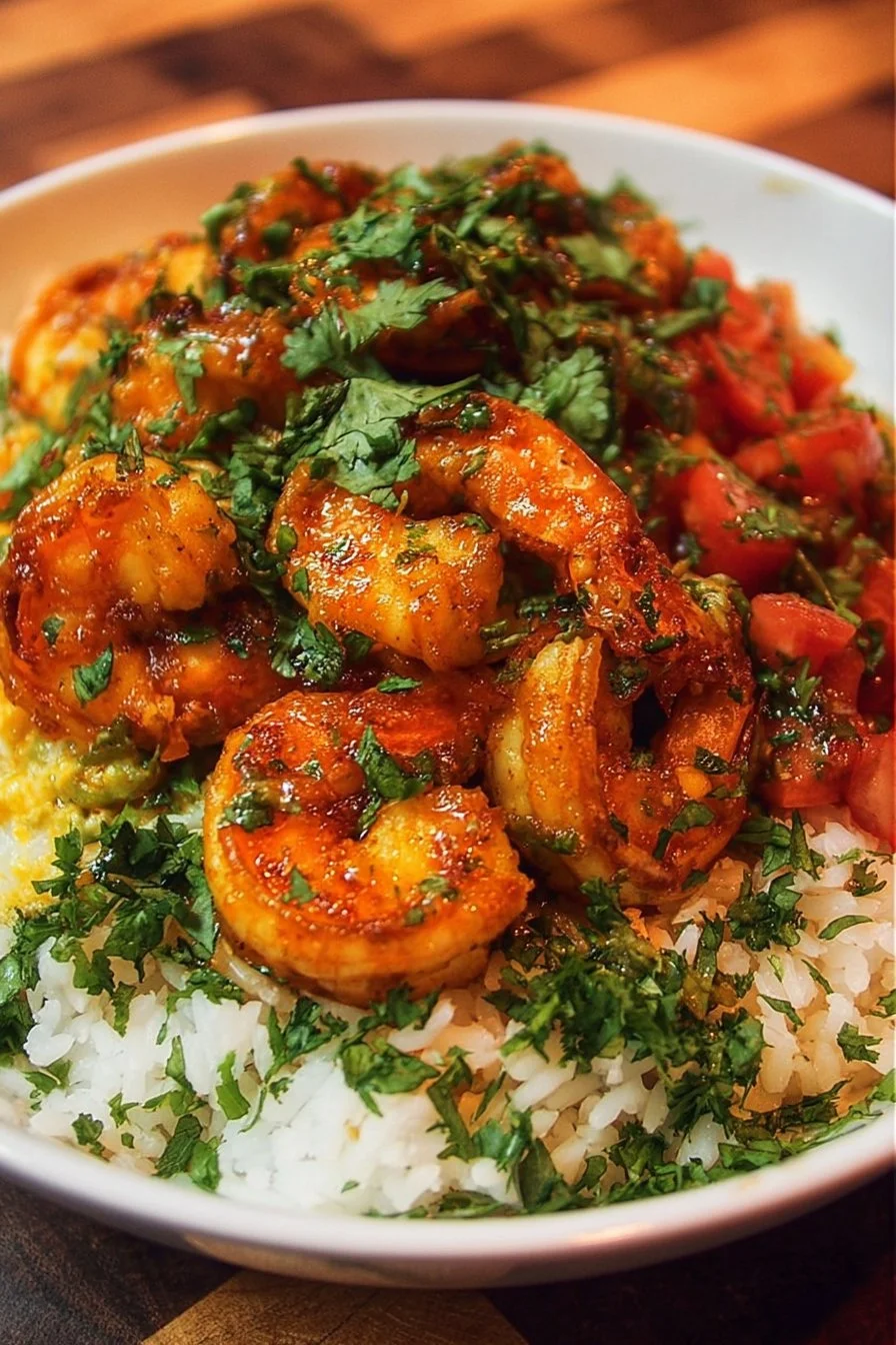 Fiesta Shrimp Rice Bowl with fresh shrimp, colorful veggies, and savory rice