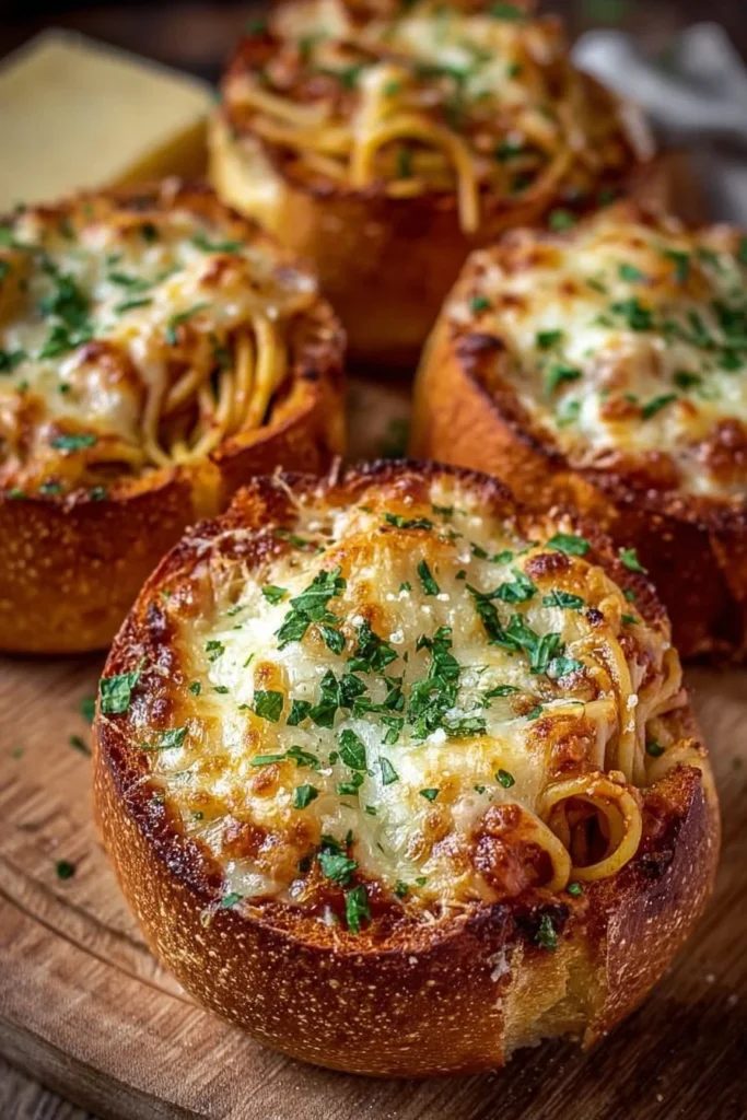 Delicious garlic bread spaghetti bowls served with herbs and cheese.